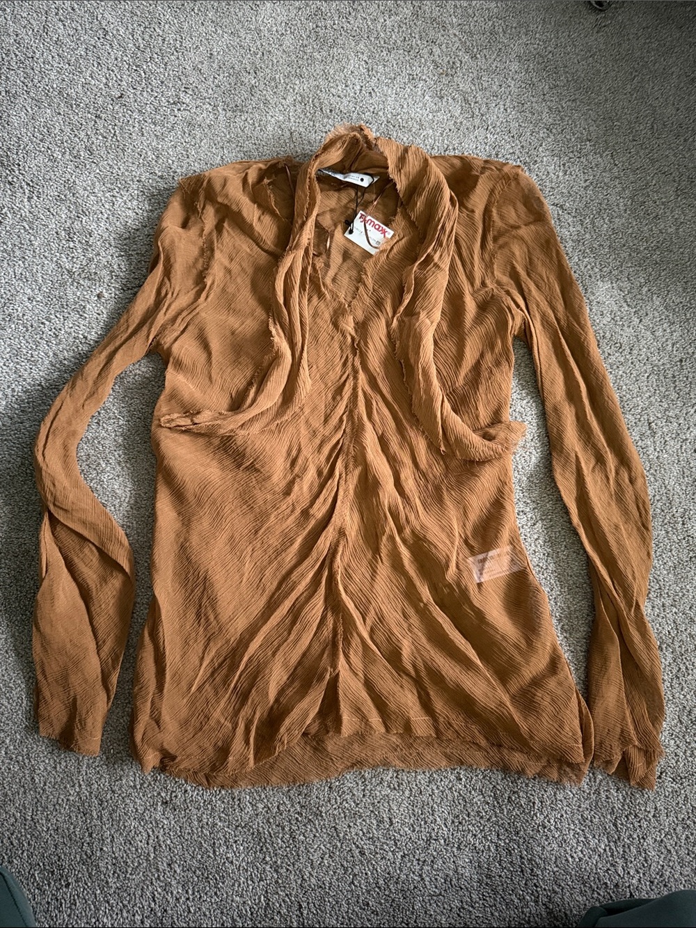 Zara Rust Brown Crinkled Long-Sleeve Blouse